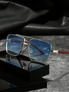 Fashion Vintage Metal Dual Bridge Sunglasses, Wooden Temple Uv400 Protection, Casual Style, All Seasons, Non-Color Changing