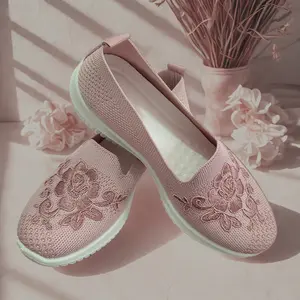 Women'S Knitted Embroidered Pattern Loafers Lightweight, Breathable, High-resilience Soft Soles Casual Flat Loafers Shoe Footwear Bedroom Shoe