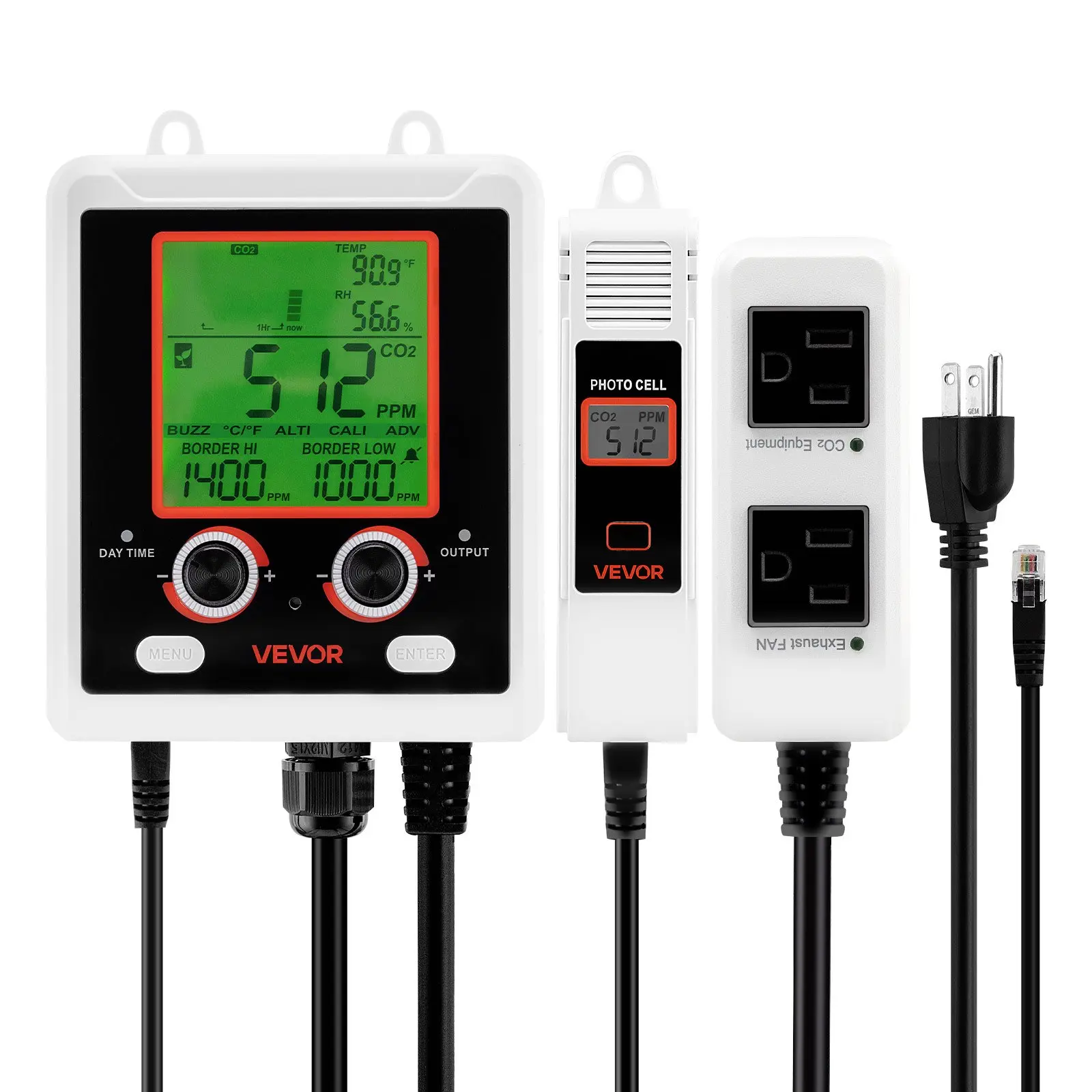 VEVOR NDIR CO2 Monitoring Controller for Greenhouses, 0-5000ppm Monitor with Dual Outlets, Day-Night Detection, Auto-Light, Automatic Alert Response, 0% to 95% RH, 32 to 122 °F/0 to 50 °C, 5.51x4.33x1.89 Inch, 1.61 lbs