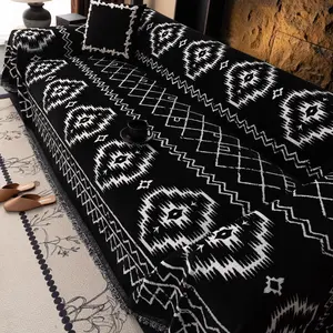 1pc Sofa Cover, Boho Bohemian Style Anti-Cat Scratch Chenille Fabric, All-Season Universal Fit, Non-Slip Sofa Blanket, Reusable Cushion Protector