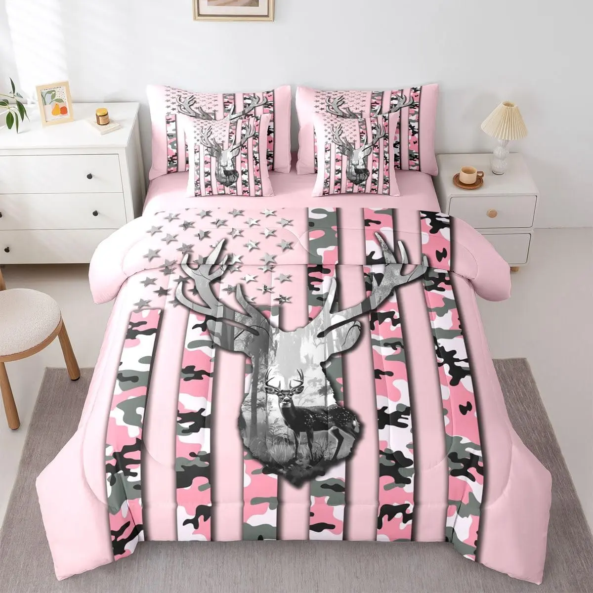 Hunting Deer 7 Piece Bedding Set American Flag Comforter Set with Sheets Pink Camouflage Bed in a Bag Wild Animal Theme Bed Set Soft Lightweight