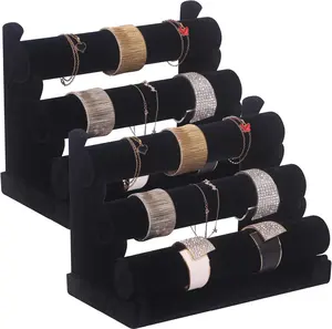 2 Pack  Bracelet Holder with 3 Tier Rack,  Display Stand Watch Bangle Bar Necklace Storage Organizer, Black