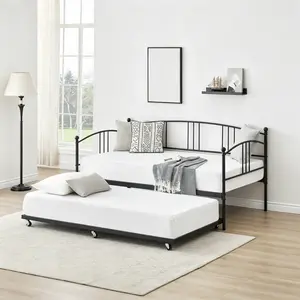 SA-Garvee Twin Daybed with Trundle, Daybed with Steel Slatted Support, Modern Arched Headboard, Compact and Versatile Design, Space-Saving Sofa Couch for Guest Room, Bedroom, Living Room, Easy Assembly, No Box Spring Needed, Black