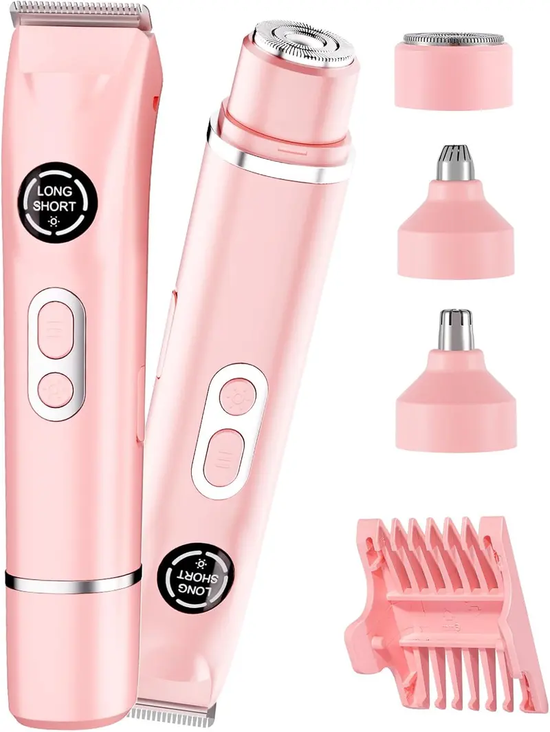 Bikini Trimmer for Women, Electric Shaver and Razor Rechargeable 4-in-1 Body and Facial Epilator, Dual Heads for Painless Trimming of Pubic Hair, Face, Underarms and Legs, Summer Gift