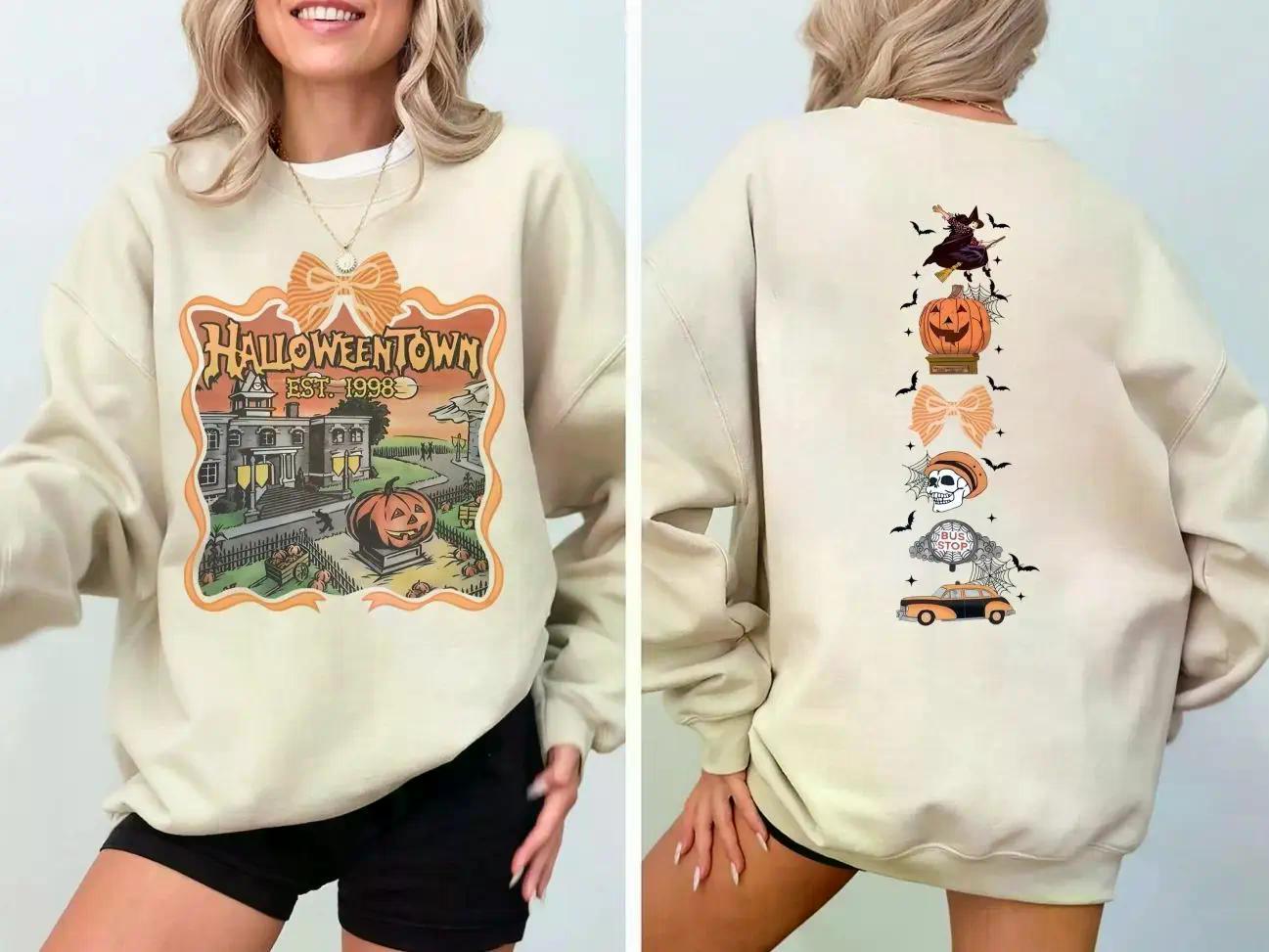 Vintage Halloween Town 2 Sided Sweatshirt, 90s Retro Spooky Season Coquette Crewneck, Trending Halloween Graphic Pullover, Men Women Gift