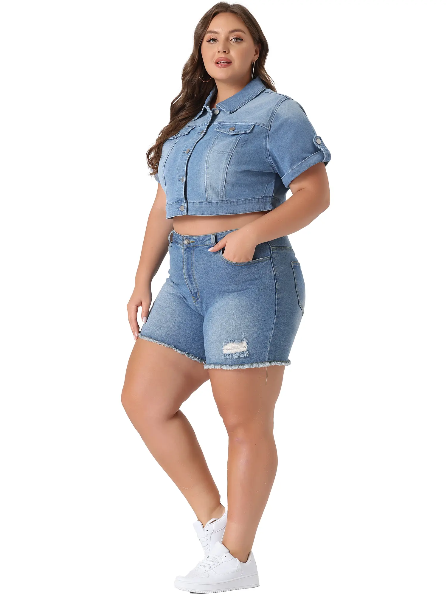 Agnes Orinda Plus Size Button Front Washed Rolled Sleeves Cropped Jean Jacket