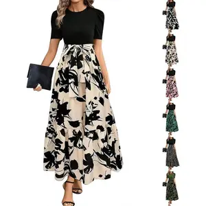 Women's long floral dress 2025 business casual elegant tie waist work long skirt short sleeved dignified elegant dress