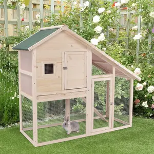 55" L 2-Tier Wooden Rabbit Hutch Bunny Cage with Run Anti-Slip Ramp for Outdoor Use Water-Resistant Design for Small Animals Rustic Cottage Style