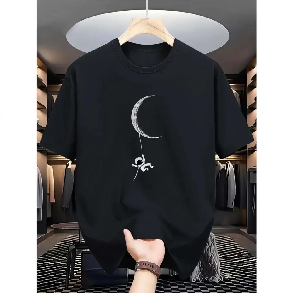 Fashion TrendsMen's Astronaut & Moon Pattern T-Shirt - Casual Summer Crew Neck Short Sleeve Shirt Soft Polyester Blend Machine Washable Comfortable Fit