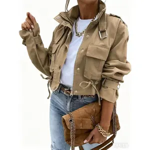 Women's autumn casual cycling jacket, short woven jacket with pockets and zippers, autumn fashionable long sleeved jacket