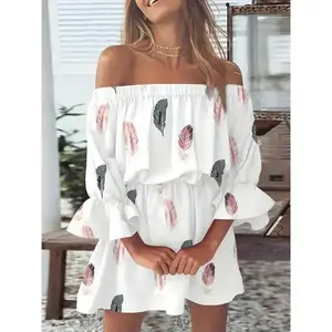 Bohemian leaf-print off-shoulder dress, backless pleated-sleeve dress, women’s casual polyester GARMENTARY