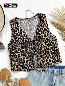 Women's All Over Leopard Print Tie Front Tank Top, Casual Sleeveless V Neck Top for Summer, Ladies Clothes for Daily Wear, Womenswear