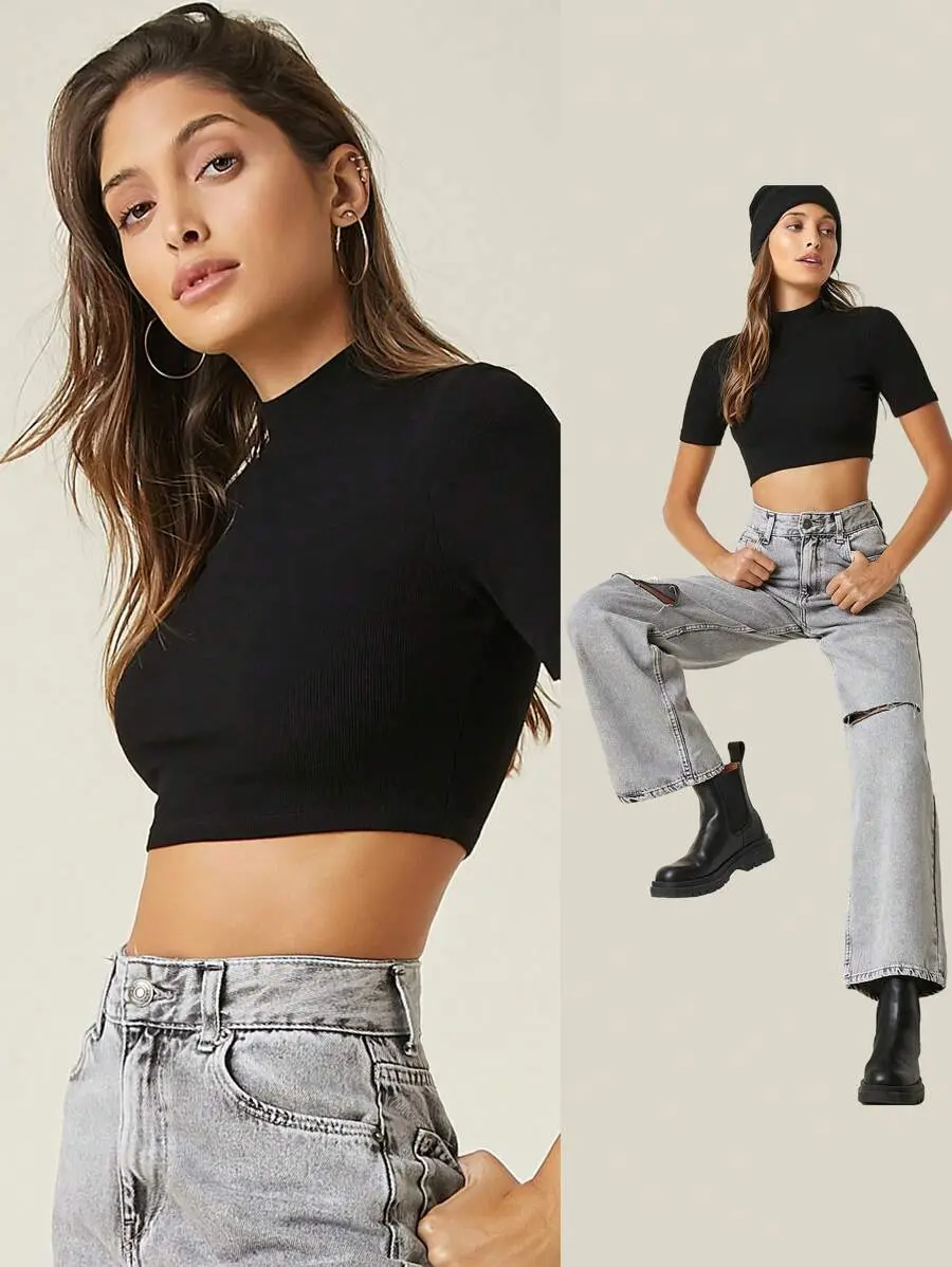 BASICS Mock-Neck Rib-Knit Crop Top/Summer Tops For Women Black Tops
