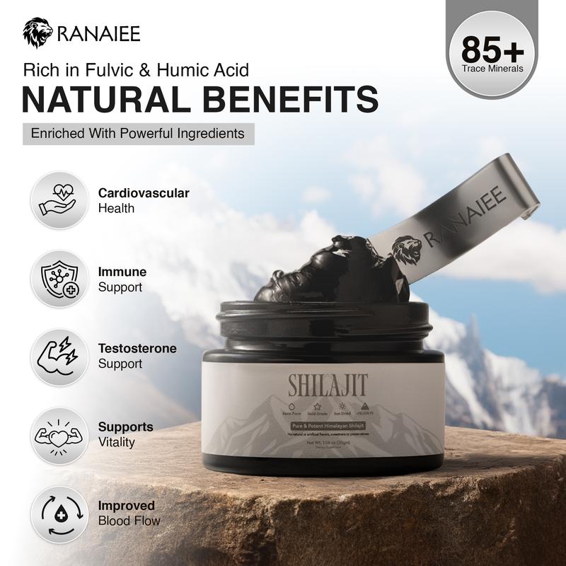 Ranaiee Pure Himalayan Shilajit Resin Grade A Potency 85+ with High Fulvic Acid for Energy Stamina & Immune Support 30g Natural Wellness Supplement for Men Women Fitness Dietary Vitamin Vitamin