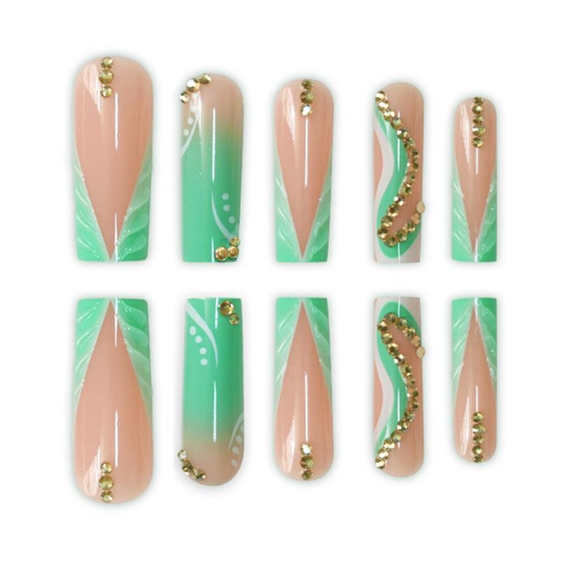 Green Gradient Rhinestones Fake Nails with Nail File & Tape, 24pcs/set Long Coffin Press on Nails for Women & Girls DIY Nail Art, Elegant Stick on Nails Kit
