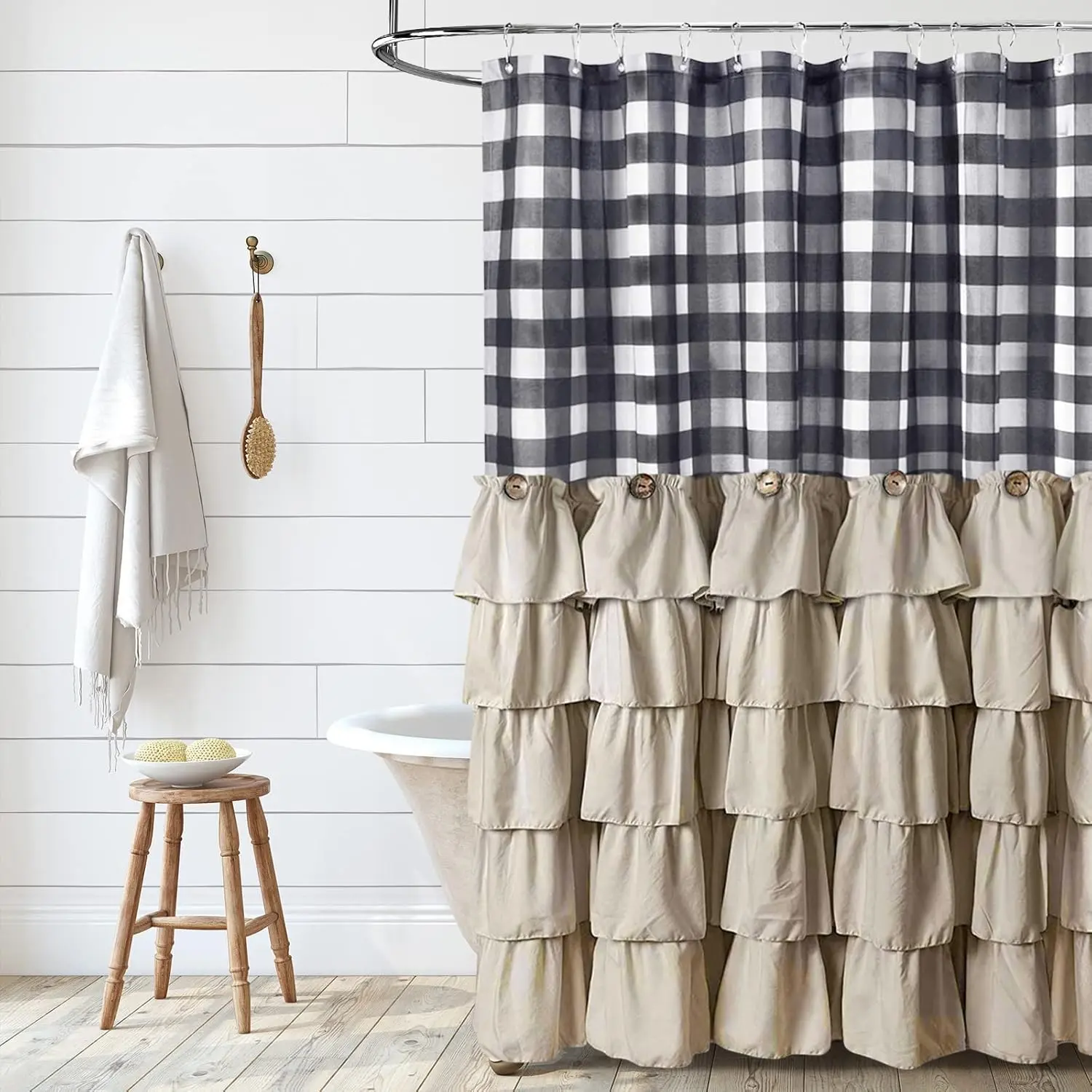 Farmhouse Shower Curtain Set with 12 Hooks 72 X 72 inch Black and White Buffalo Plaid Fabric Shower Curtains with Buttons & Ruffles for Bathroom Bathtubs Decor Accessory  Shabby Chic Shower Curtain Elegant Shower Curtain Pretty Decorative Shower Curtains