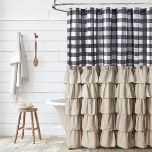 Farmhouse Shower Curtain Set with 12 Hooks 72 X 72 inch Black and White Buffalo Plaid Fabric Shower Curtains with Buttons & Ruffles for Bathroom Bathtubs Decor Accessory  Shabby Chic Shower Curtain Elegant Shower Curtain Pretty Decorative Shower Curtains