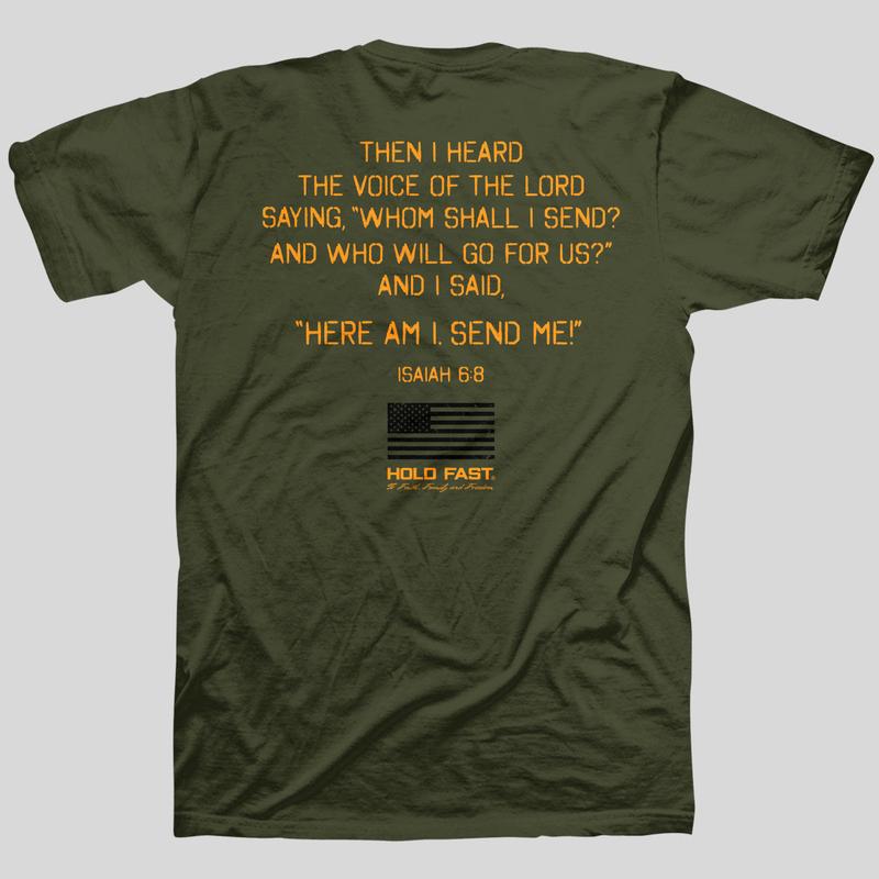 Men's Religious-Themed Short-Sleeve Tshirt - Bold Faith Isaiah 6:8 Quote Print, Soft Cotton Fabric, Classic Everyday Fit, Casual Breathable Round Neck Military Green Layering Top, Send Me™ (Men's T Shirts)