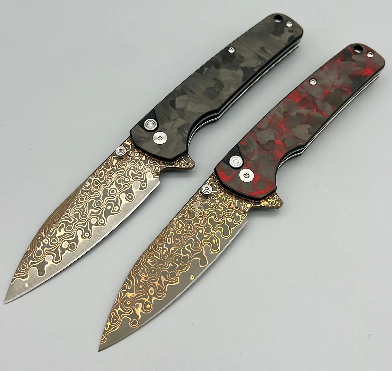 KLAKEN Copper Damascus Button Lock Carbon Fiber Handle