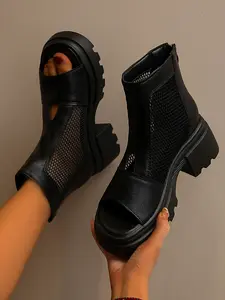 Women's Mid-Calf Sandals, Summer New Large Size Solid Color Mesh Breathable Round Toe High Heel Sandals, Fashionable and Comfortable Footwear