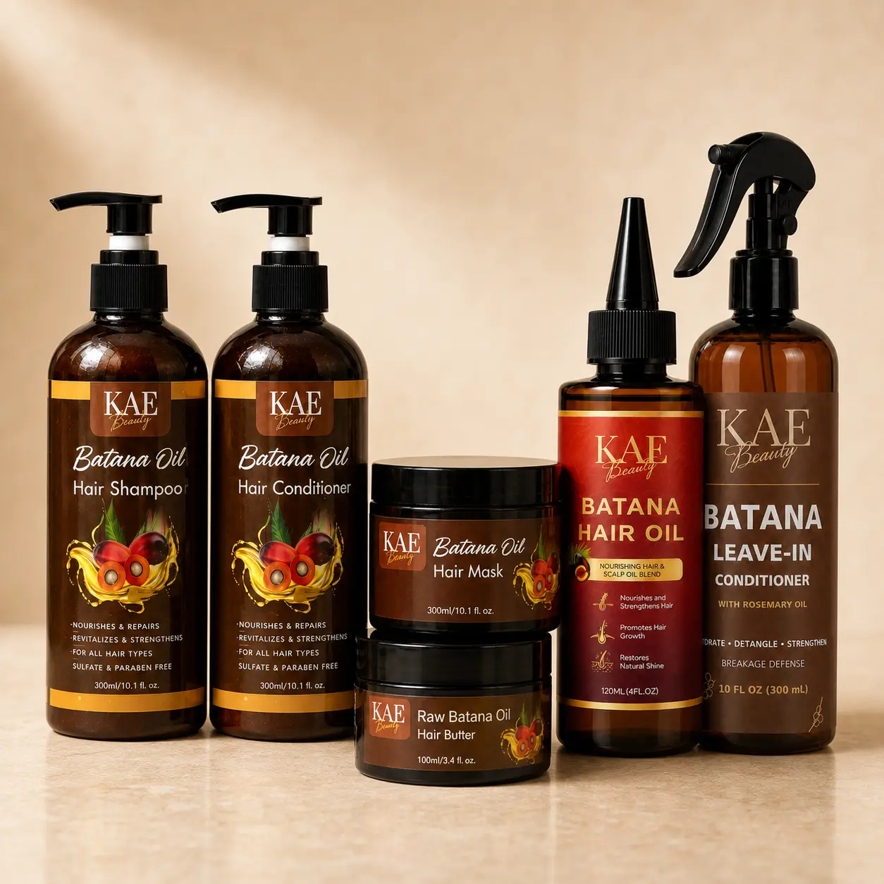 KAE Beauty Complete Batana Hair Care Bundle, 6-Piece Set with Shampoo, Conditioner, Hair Mask, Hair Butter, Hair Oil & Leave-In Conditioner Haircare Frizz