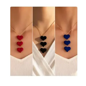 Gold Chain Velvet Triple Heart Necklace - Black, Blue, or Red, Available in Various Colors