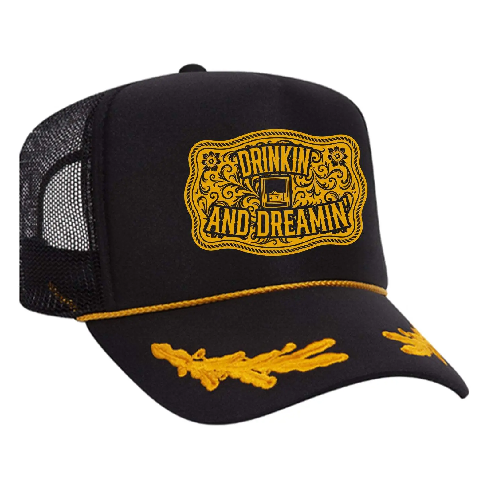 "Drinkin' And Dreamin' Bold Statement Slogan Foam Trucker Hat - Camo/Light Green, Colored Trim, Structured Crown, Front Rope Trim, Adjustable Closure, Adult Fit, Casual Outfits Cap, Streetwear Hat"