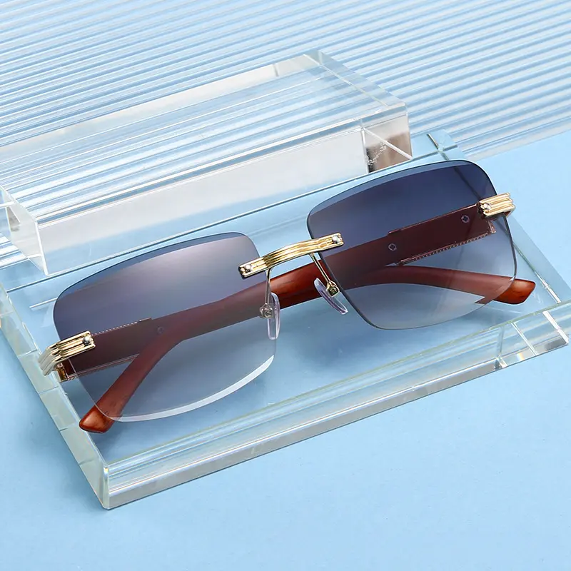 Men's Rimless Cut-Edge Sunglasses, High-End Business Metal Wood Grain Square Frame Glasses, Fashionable Outdoor Sunglasses
