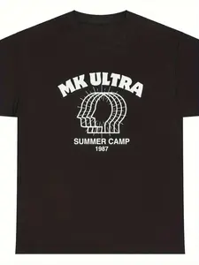 Black MK Ultra Summer Camp 1987 Outline Human Head Conspiracy Graphic T‑Shirt, Retro Conspiracy Theory Casual Streetwear Top for Men Women