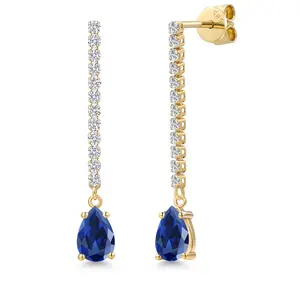 Gem Stone King 14K Yellow Gold Gemstone Birthstone and White Lab Grown Diamond Long Liner Dangle Earrings for Women | Pear Shape 7X5MM | Yellow Gold Chain Drop Earrings