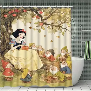 DISNEY CLASSIC Snow White Style Shower Curtain, Enchanting Fairy Tale, Seven Dwarfs, Retro Fantasy, Whimsical Woodland Decor, 12-Hook Shower Curtains, Valentine's Day Decorations