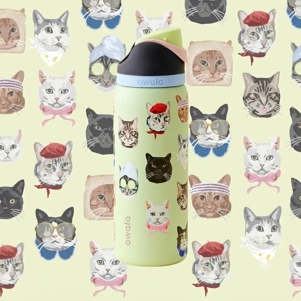 Owala 32oz Cat Collage FreeSip Water Bottle, Cute Kitty Print Insulated Stainless Steel Tumbler with Pastel Multicolor Lid, Built In Straw and Leak Resistant Design for School Gym Travel and Everyday Hydration