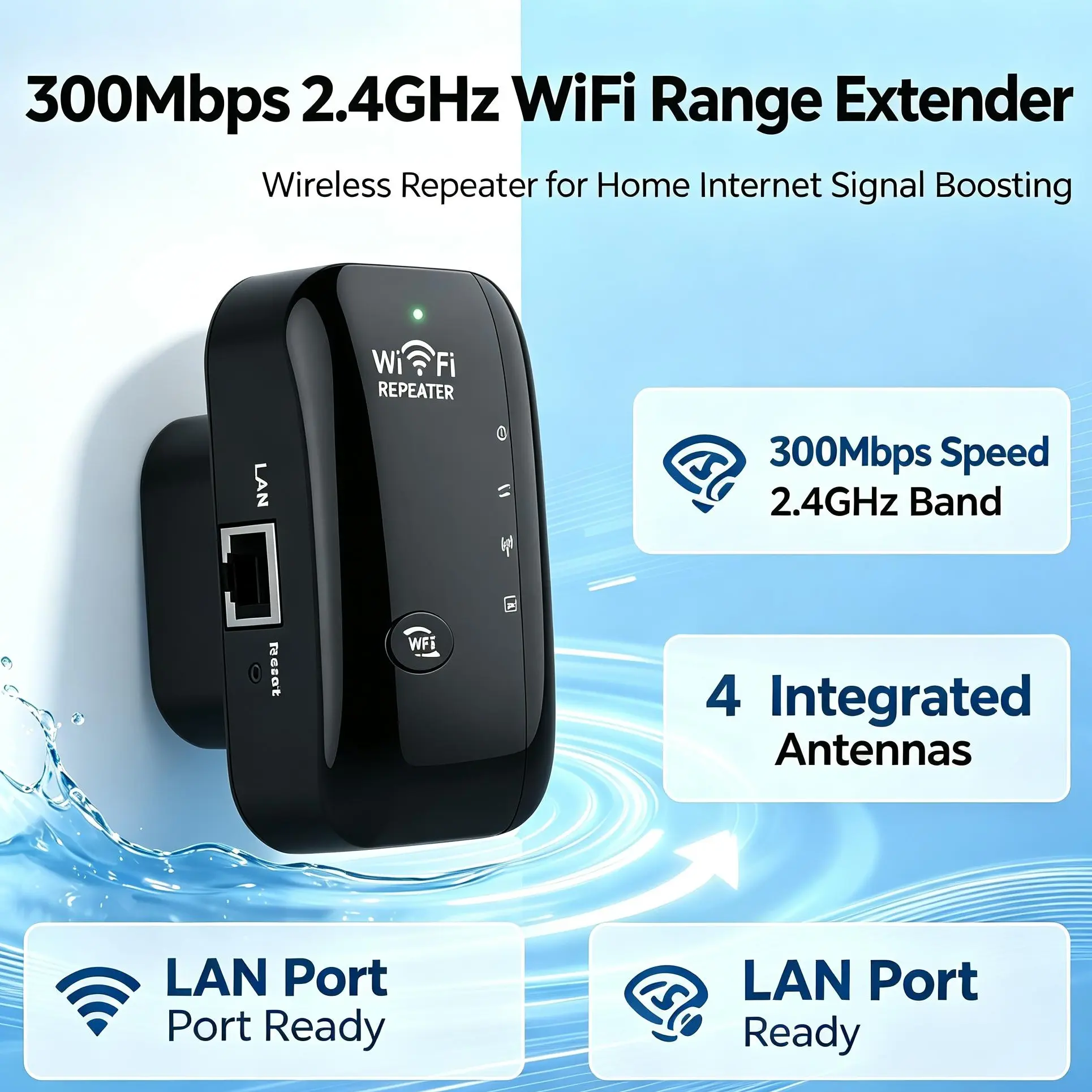 300Mbps 2.4GHz WiFi Range Extender with Integrated Antennas and LAN Port, WiFi Repeater for Home Internet Signal Boosting