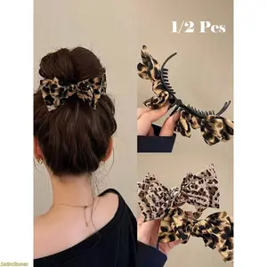 1PC Leopard Print Bow Hair Claw Clip, Vintage Double Layer Big Bow Hair Clip, Elegant Fabric Hair Accessory for Daily Wear