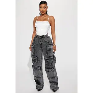 Millie Non-Stretch Ripped Cargo Jeans - Acid Wash Black