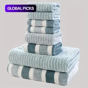 Striped Bathroom Towel Set with Bath, Hand & Face Towels - Soft Absorbent Towels for Home, Hotel or Salon
