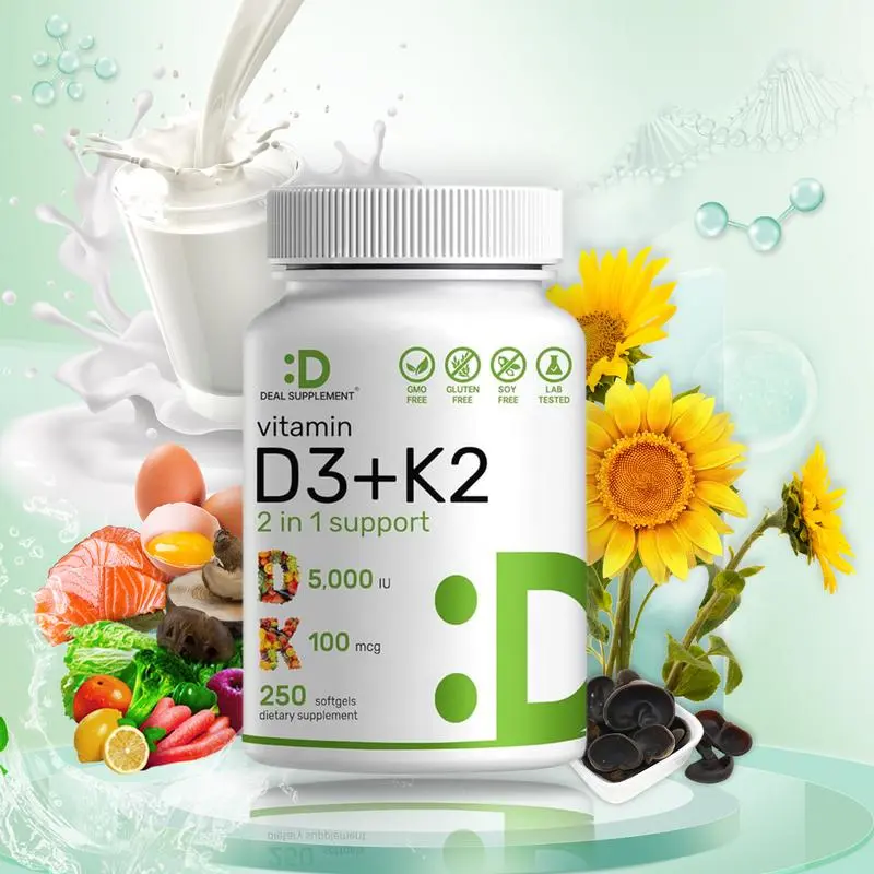 Deal Supplement Vitamin D3K2, 250 Veggie Softgels, 2 in 1 (5000 IU D3+100mcg K2 MK7) | Healthy Bones, Teeth, Heart, Immune System