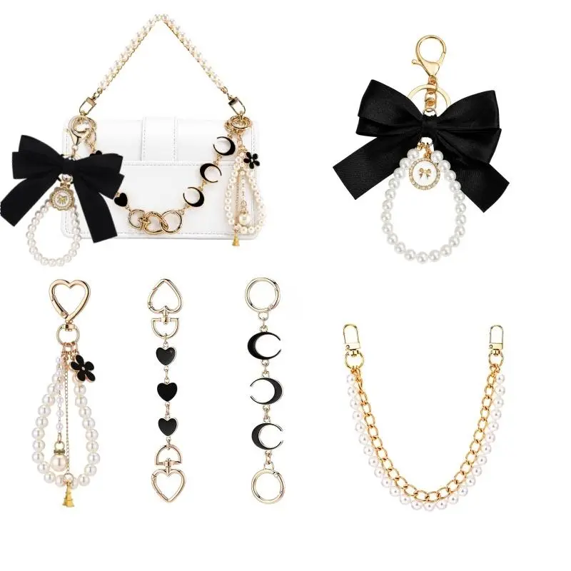 Women'S Extension Chain Set, 5 Pcs Pearl Purse Chain, Ribbon Bow Keychain, Bag Strap Charms Accessories for Handbags