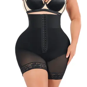 QOU BBL High-Waisted Tummy-Control Shaping Shorts Women's Plus Size Butt-Lifting Shorts Leg Lace Sheer Invisible Design Button-Front Design for Easy On/Off