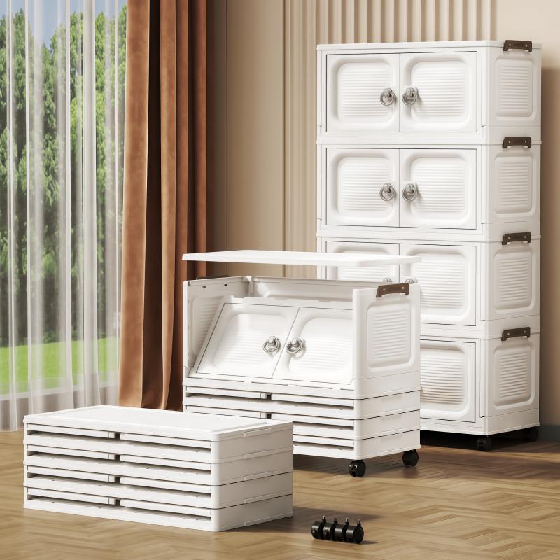 3/4/5 Tier White Foldable Storage Cabinet with Double Doors & Lockable Wheels – Stackable Modular Plastic Organizer with Ring Handles, Tool-Free Assembly Collapsible Rolling Storage Bin for Bedroom, Living Room & Home Organization, Space-Saving Design