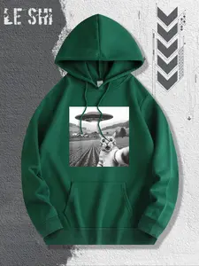 Men's Casual Hooded Sweatshirt with Ufo and Alien Cat Print, Pullover, Kangaroo Pocket, Drawstring Hood, Soft Polyester Fabric