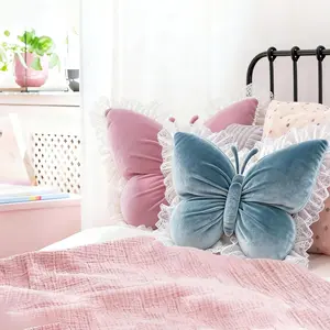 Lace Trim Butterfly Plush Pillow Cushion, Vintage American Country Style, Contemporary Style, Living Room Sofa Decoration, Retro Butterfly Design