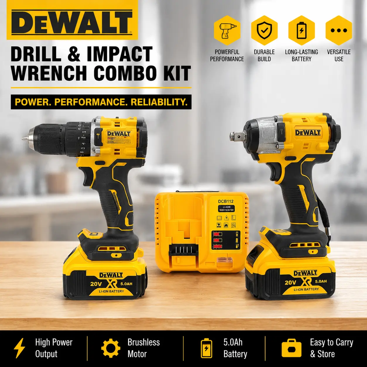 ()DEWALT Cordless Drill & Wrench Combo Kit, High Torque Drilling & Fastening, Durable Metal & High Strength Plastic Construction, Powerful Performance Lightweight Design, DIY Tool Set Home Repair Workshop Essentials