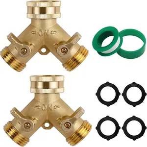 2-Pack Brass Garden Hose Splitter, 3/4 Inch 2-Way Y Shaped Water Faucet Adapter with Dual Shut-Off Valves, Leak-Proof Design, Includes 4 O-Ring Washers & 1 Tape