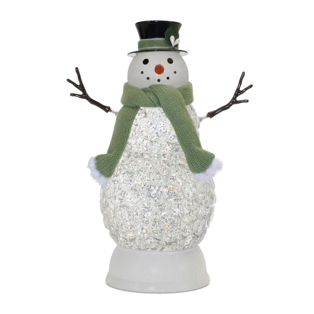 212 MAIN 11 in. Plastic LED Christmas Snowman Decoration Set, Floor Standing Ornament, Home Festive Decor with Glowing Lights, Hat, Traditional Globe, Scarf, 6-Hour Timer, USB-Ready Cord, 3 AA Batteries Not Included, White & Green, Usb Port, Scarves