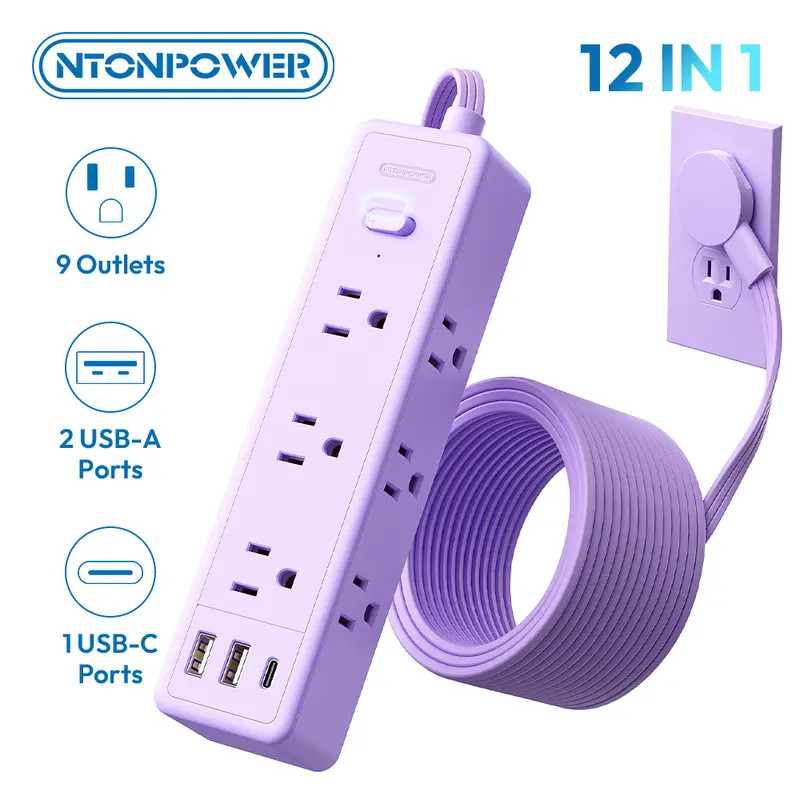 NTONPOWER Flat Extension Cord 5 ft/10 ft/15 ft/25 ft Surge Protector with 9 Wide Outlets, 3 USB (1 USB C), 3 Side Extender, Mounted for Home Office