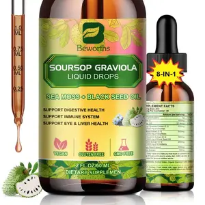 1/3 Bottles 8-IN-1 Soursop Liquid Drops, Graviola Leaf & Fruit Complex Supplement with Sea Moss,Black Seed Oil,Elderberry,Burdock Root,Tumeric, Gluten-Free,serene Herbs Soursop Bitters,serene Soursop for Daily Health & Wellness