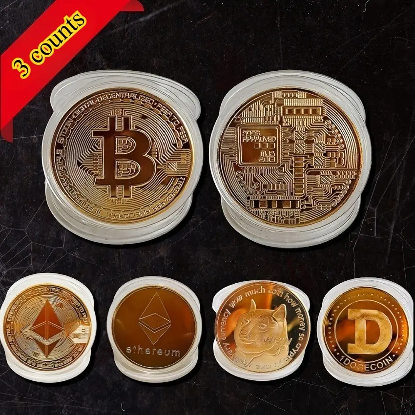 Luxury Crypto Replicas Gift Set, Bitcoin Ethereum Dogecoin Collectibles, Perfect for Blockchain Enthusiasts, Unique Home Decor