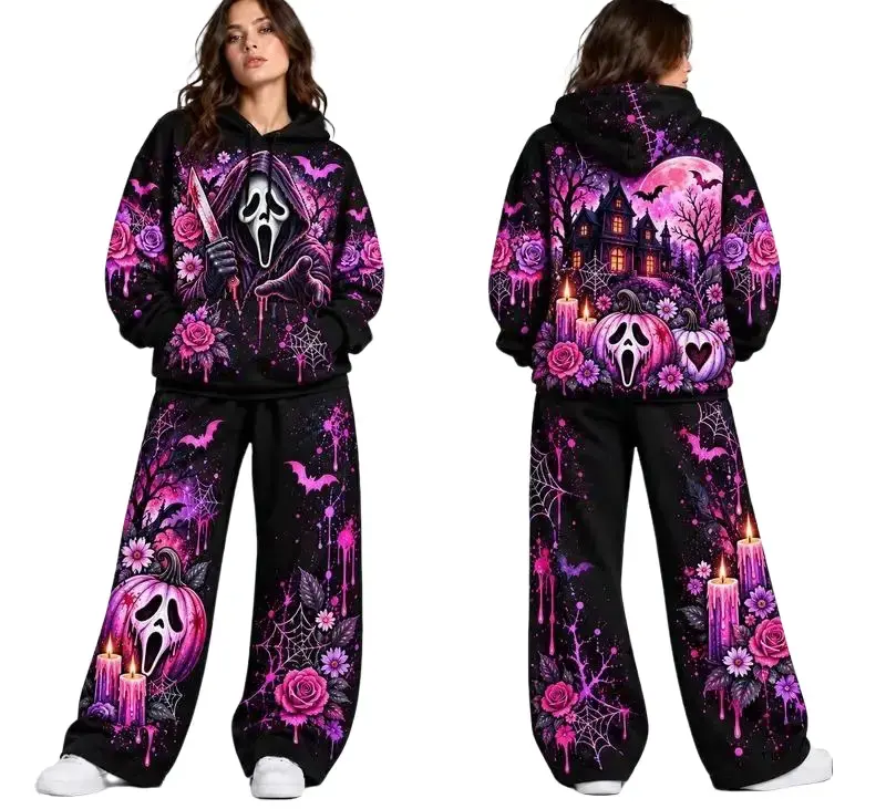 Cute GhostFace Halloween Hoodie and Sweatpants Set | Oversized Horror Graphic Tracksuit | Unisex Spooky Streetwear Outfit