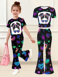 Girls' Fashion Cartoon Print Short Sleeve Top & Bell Bottoms Set, Casual Comfortable, All over Print, Kids Clothing